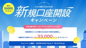 スルガ銀行ANA支店 新規口座開設で最大3万3000マイル貯まる 12/31 まで! 普通預金残高で最大3万マイル 口座振替引落しで最大2500マイル 15~30歳は500マイル貯まるぞ!