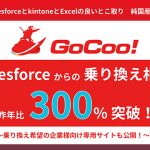 純国産SFA「GoCoo!」　Salesforce から移行する企業急増　最大75％コスト削減　Salesforce の高機能　kintone のノーコード編集　Excel の操作性がまるっと組み合わさり日本企業に最適